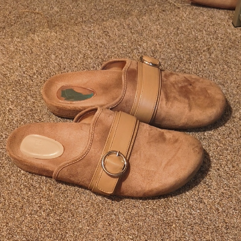 JustFab Tan Mules with Gold Buckle